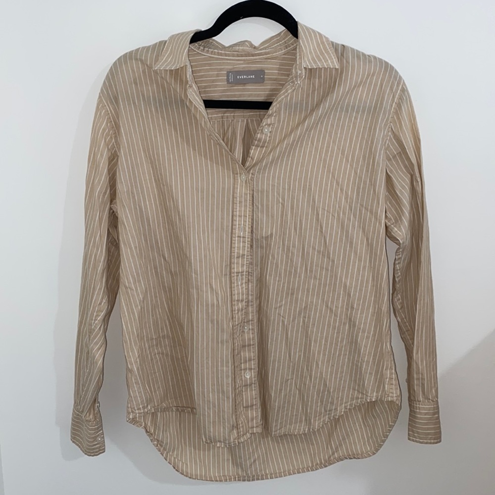 Everlane Tan and White Striped Blouse